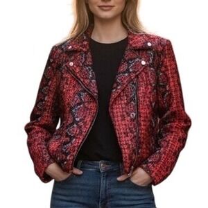 Rino &‎ Pelle Moto Jacket Womens 40 Red Berry Snake New Faux Leather Biker Coat